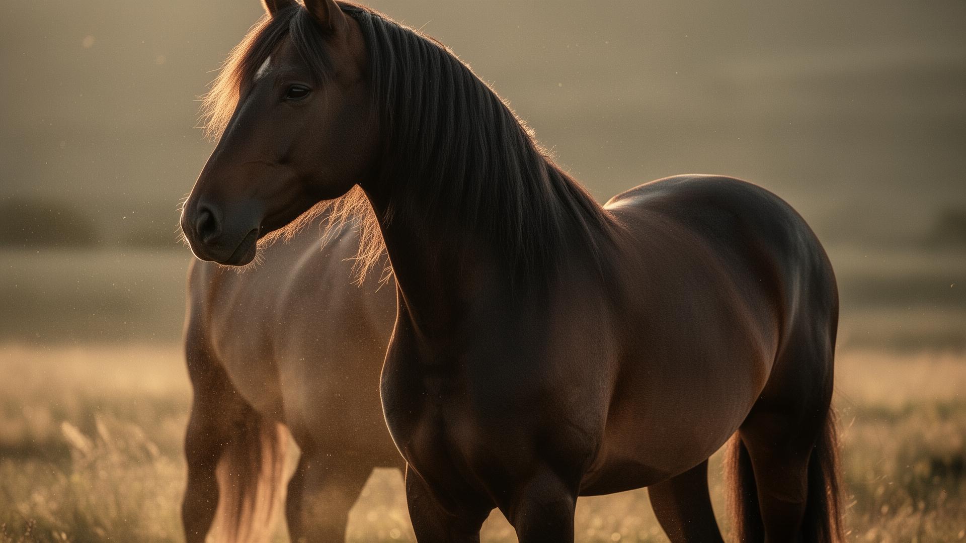 A chestnut Andalusian horse in soft golden hour light over Spanish countryside