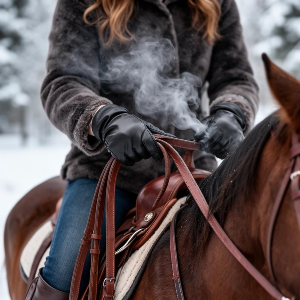Rider in a winter coat and gloves holding the reins, breath visible in cold air